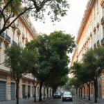 Avenida arborizada em Lisboa com edifícios clássicos, retratando a Avenida Fontes Pereira de Melo