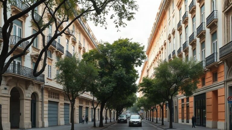 Avenida arborizada em Lisboa com edifícios clássicos, retratando a Avenida Fontes Pereira de Melo