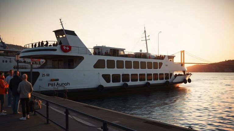 Barco a atracar no terminal fluvial do Cais do Sodré, em Lisboa, com o rio Tejo ao fim da tarde