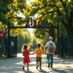 Família de costas a caminhar em direção à entrada do jardim zoológico com os bilhetes para a visita