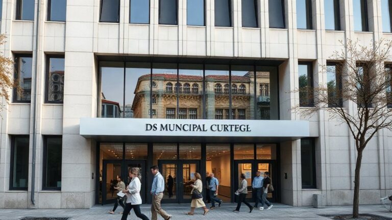 Edifício da Câmara Municipal de Loures com pessoas a circular à entrada, ilustrando os concursos da Câmara Municipal de Loures