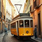 Elétrico 25 Lisboa a subir uma rua estreita de calçada portuguesa ao fim da tarde