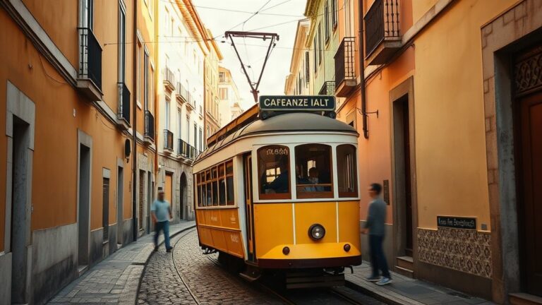Elétrico 25 Lisboa a subir uma rua estreita de calçada portuguesa ao fim da tarde