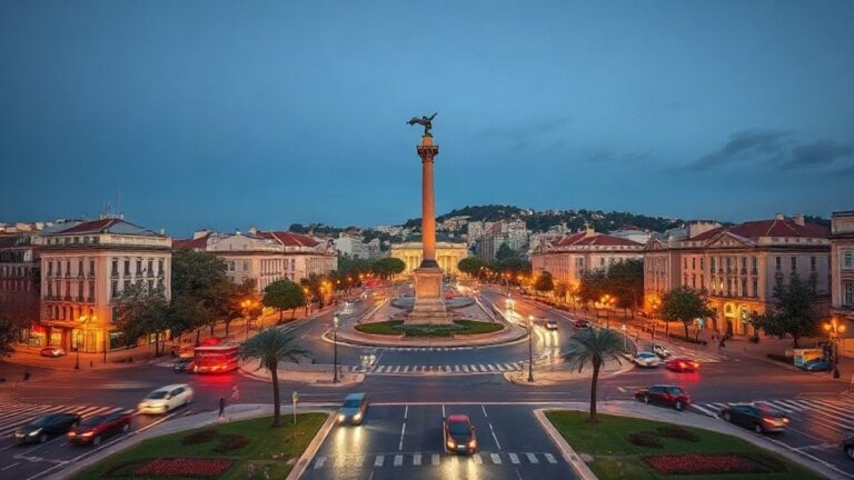 Praça Marquês de Pombal em Lisboa ao entardecer, com trânsito e a coluna ao fundo, junto ao estacionamento Marquês de Pombal