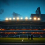 Estádio de futebol ao entardecer com iluminação do jogo Benfica Estrela