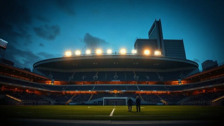 Estádio de futebol ao entardecer com iluminação do jogo Benfica Estrela