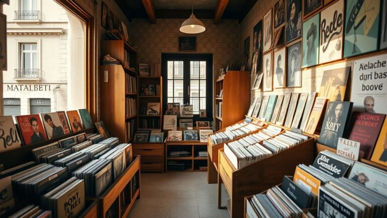 Interior de uma loja de música em Lisboa com prateleiras de discos de vinil e luz natural
