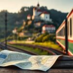 Comboio da linha de Sintra a aproximar-se de uma estação, com o Palácio da Pena ao fundo, junto a um mapa da linha de Sintra