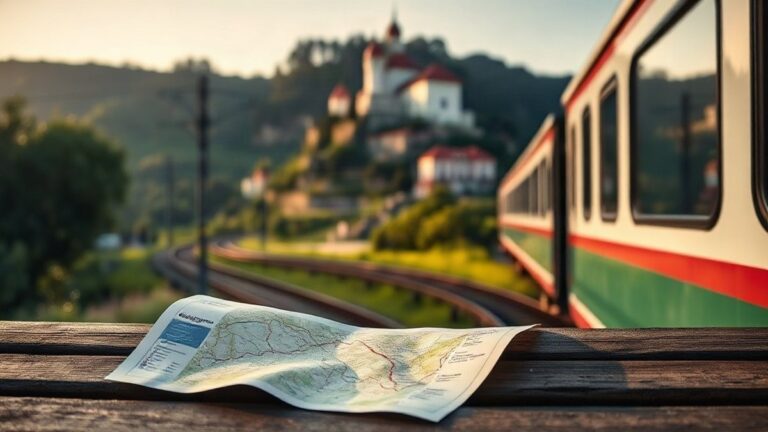 Comboio da linha de Sintra a aproximar-se de uma estação, com o Palácio da Pena ao fundo, junto a um mapa da linha de Sintra