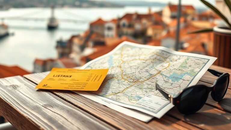 Mapa de Lisboa e Vale do Tejo impresso sobre uma mesa de madeira, com o rio Tejo desfocado ao fundo