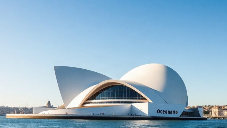Fachada do Oceanário de Lisboa junto ao rio Tejo, ilustrando o mapa do Oceanário de Lisboa e a visita ao Parque das Nações