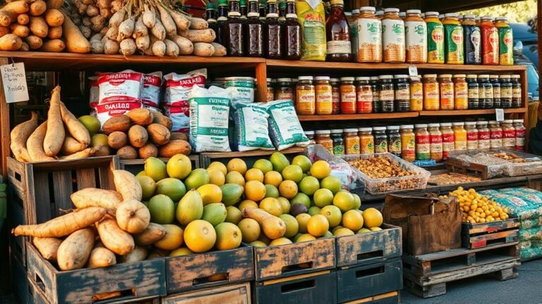 Banca de um mercado brasileiro em Odivelas com farinhas, temperos e frutas tropicais