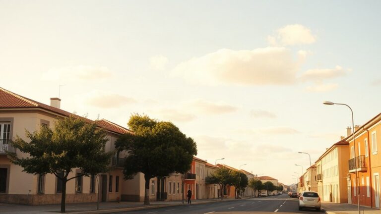 Rua tranquila de Odivelas com edifícios de tons quentes sob céu parcialmente limpo, ilustrando a meteorologia em Odivelas