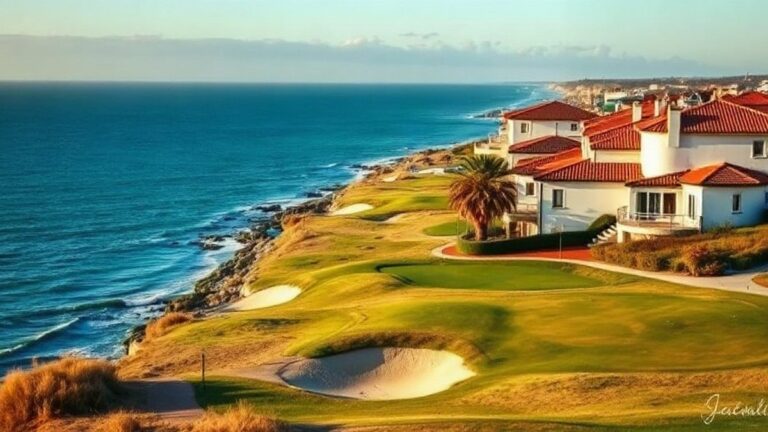 Vista da costa atlântica de Cascais com campos de golfe e villas, na zona da Quinta da Marinha