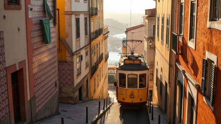 Rua estreita e íngreme de Alfama em Lisboa com elétrico amarelo e fachadas de azulejo ao fim da tarde, exemplo do que fazer em Lisboa hoje
