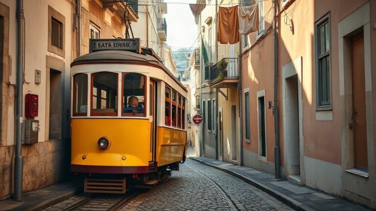 Elétrico amarelo a subir uma rua estreita de Alfama, em Lisboa, ao fim da tarde, num dos cenários do que fazer em Lisboa neste fim de semana