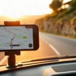 Telemóvel com mapa de planeador de rotas num carro numa estrada do interior de Portugal