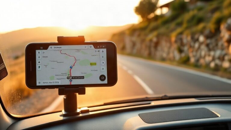 Telemóvel com mapa de planeador de rotas num carro numa estrada do interior de Portugal
