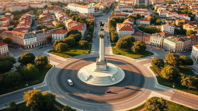 Vista aérea da praça do Marquês de Pombal em Lisboa, com a coluna e o leão no centro e as avenidas arborizadas a irradiar em volta