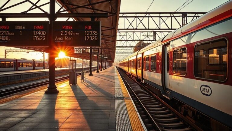 Plataforma de estação ferroviária com painel de informação de atrasos