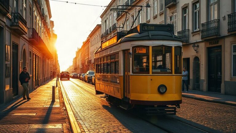 Elétrico amarelo a circular numa rua de calçada em Lisboa, junto ao rio Tejo