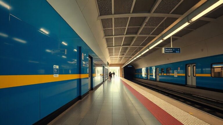 Plataforma de estação do metro de Lisboa com as cores das linhas