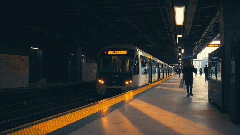 Comboio do metro a chegar a uma estação tranquila em dia de feriado