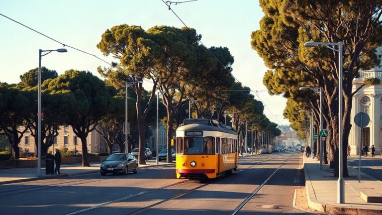 Linha de elétrico numa avenida arborizada junto à zona ribeirinha de Belém, em Lisboa